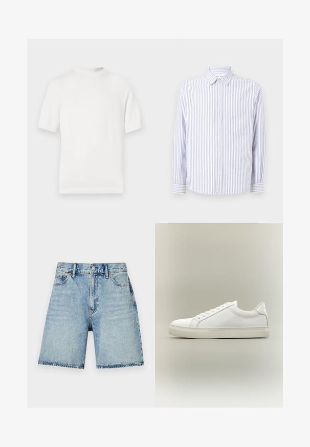 T-shirt en tricot blanc à manches courtes avec un col rond, présentant une texture lisse et des accents côtelés au niveau du col et de l'ourlet.; Chemise à rayures bleu clair et blanche. Dotée d'un col pointu, de manches longues et d'une poche poitrine unique. Tissu en coton.; Shorts en denim bleu clair à coupe droite, avec cinq poches et des coutures visibles. Fermeture à boutons à l'avant.; Baskets blanches basses à lacets sur l’avant et semelle épaisse, vues de côté sur un fond neutre.