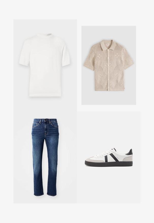T-shirt en tricot blanc à manches courtes avec un col rond, présentant une texture lisse et des accents côtelés au niveau du col et de l'ourlet.; Cardigan beige à manches courtes en tricot avec boutons sur le devant, motifs géométriques texturés, col et poignets côtelés.; Jean en denim bleu foncé avec une coupe droite, cinq poches et des accessoires en ton cuivré. Présente une légère décoloration sur les cuisses.; Baskets blanches avec des accents noirs et gris, présentant un embout texturé gris, une semelle en caoutchouc noir et des lacets plats blancs. Design épuré, style minimaliste.