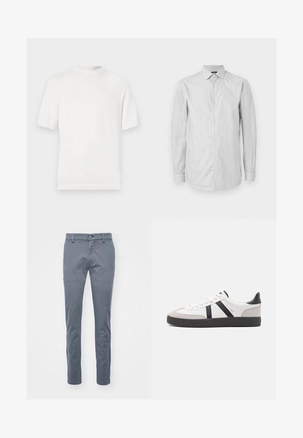 T-shirt en tricot blanc à manches courtes avec un col rond, présentant une texture lisse et des accents côtelés au niveau du col et de l'ourlet.; Chemise de dress à manches longues rayée en blanc et gris clair, col avec fermeture à boutons, présentant des poignets rayés contrastants et une texture douce.; Pantalons gris ajustés en tissu tissé, présentant un devant plat, une taille standard avec passants de ceinture et des jambes droites slim-fit.; Baskets blanches avec des accents noirs et gris, présentant un embout texturé gris, une semelle en caoutchouc noir et des lacets plats blancs. Design épuré, style minimaliste.