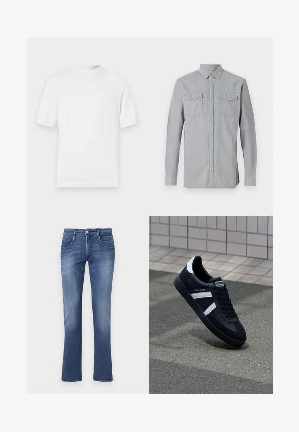 Hvid kortærmet strik t-shirt med rund halsudskæring, der har en glat overflade og ribbede detaljer ved kraven og kanten.; Lysegrå langærmet denimskjorte med knappet front, to brystlommer med klapper og knapper samt en spids krave.; Blå denim straight-leg jeans med frontknap, lynlås samt for- og baglommer på en hvid baggrund.; Sort lædersneaker med hvide striber, tekstureret gummisål og snørrebånd foran. Har et brandet mærke på tungen.