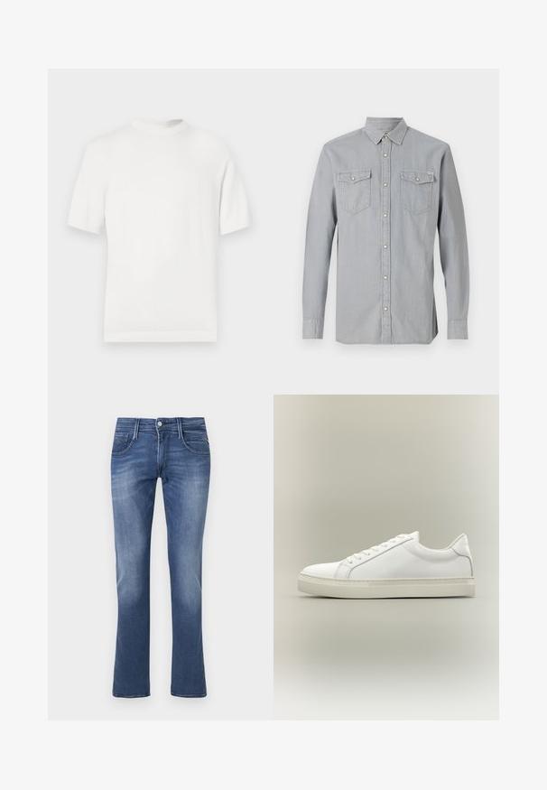 Witte korte mouwen gebreide t-shirt met een ronde halslijn, met een gladde textuur en ribbelaccenten op de kraag en de zoom.; Lichtgrijs denimoverhemd met lange mouwen, knoopsluiting aan de voorkant, twee borstzakken met kleppen en knopen, en een puntige kraag.; Blauwe denim straight-leg jeans met een voorknop, rits en voor- en achterzakken op een witte achtergrond.; Witte lage sneaker met veters aan de voorkant en dikke zool, zijaanzicht tegen een neutrale achtergrond.