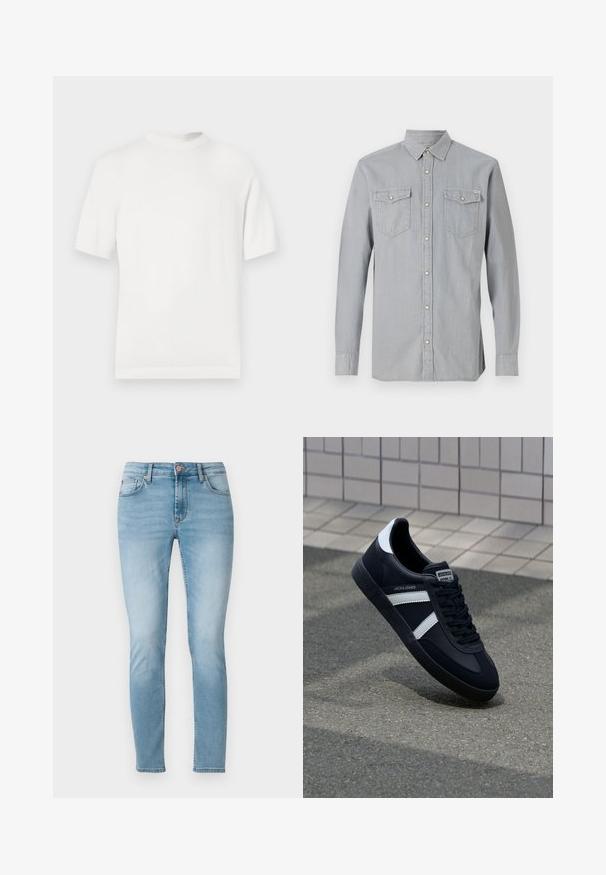 Hvid kortærmet strik t-shirt med rund halsudskæring, der har en glat overflade og ribbede detaljer ved kraven og kanten.; Lysegrå langærmet denimskjorte med knappet front, to brystlommer med klapper og knapper samt en spids krave.; Lyseblå skinny jeans lavet af denim, med en mellemhøj talje, fem lommer og diskret fading på lårerne. Knaplukning i taljen.; Sort lædersneaker med hvide striber, tekstureret gummisål og snørrebånd foran. Har et brandet mærke på tungen.