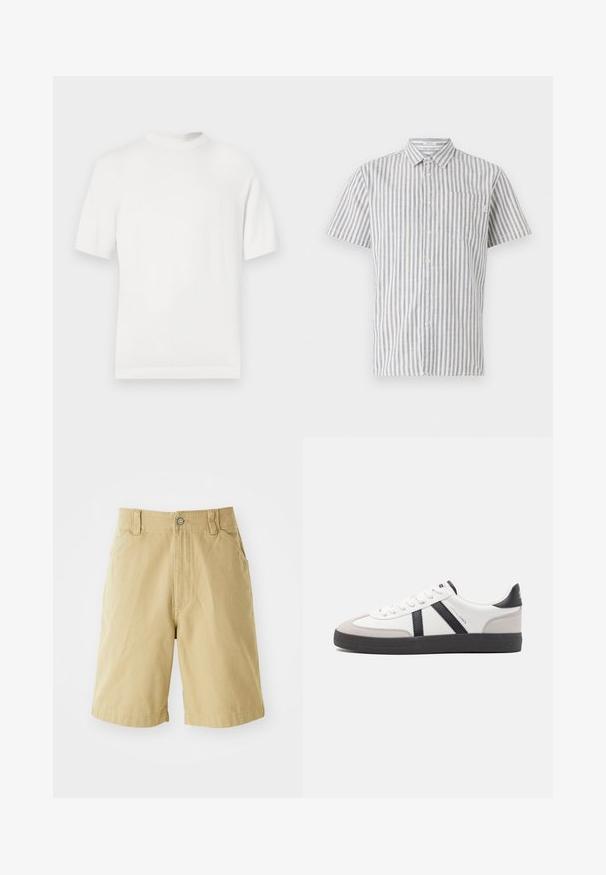 T-shirt en tricot blanc à manches courtes avec un col rond, présentant une texture lisse et des accents côtelés au niveau du col et de l'ourlet.; Chemise à manches courtes à boutons en rayures verticales blanches et bleues, avec une poche poitrine et un col classique. Tissu en mélange de coton.; Shorts kaki en coton, avec une fermeture éclair, une patte de boutonnage, deux poches latérales et une coupe décontractée. Texture lisse, design à longueur de genoux.; Baskets blanches avec des accents noirs et gris, présentant un embout texturé gris, une semelle en caoutchouc noir et des lacets plats blancs. Design épuré, style minimaliste.