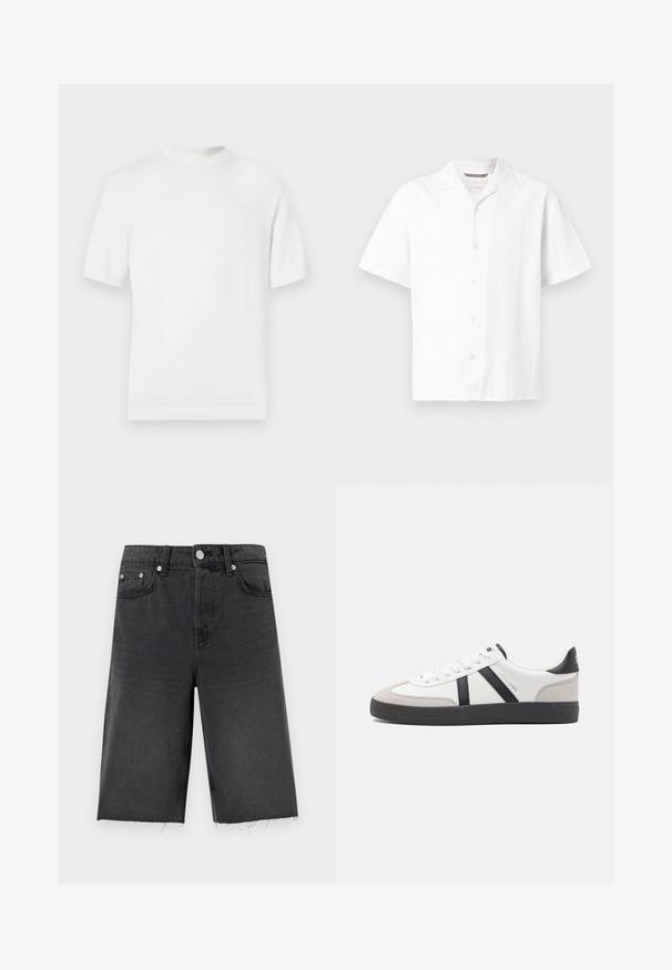 T-shirt en tricot blanc à manches courtes avec un col rond, présentant une texture lisse et des accents côtelés au niveau du col et de l'ourlet.; Chemise blanche à manches courtes en tissu texturé. Elle possède un col à cran et cinq boutons sur le devant, avec un ourlet droit. Design léger.; Shorts en denim noir à coupe droite, avec un ourlet légèrement effiloché, des passants de ceinture, cinq poches et des boutons en métal argenté.; Baskets blanches avec des accents noirs et gris, présentant un embout texturé gris, une semelle en caoutchouc noir et des lacets plats blancs. Design épuré, style minimaliste.