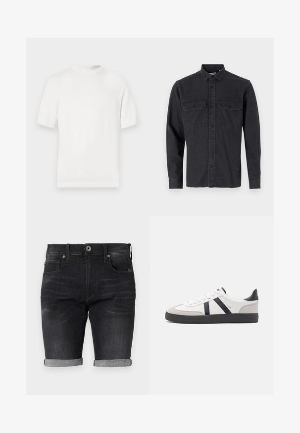 T-shirt en tricot blanc à manches courtes avec un col rond, présentant une texture lisse et des accents côtelés au niveau du col et de l'ourlet.; Chemise à manches longues, de couleur gris foncé, à boutons, en mélange de coton, avec deux poches poitrine et col classique.; Shorts en denim noir avec un design ajusté, des ourlets roulés et une taille classique dotée d'une fermeture à bouton à l'avant et de poches latérales.; Baskets blanches avec des accents noirs et gris, présentant un embout texturé gris, une semelle en caoutchouc noir et des lacets plats blancs. Design épuré, style minimaliste.