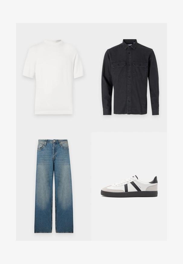 T-shirt en tricot blanc à manches courtes avec un col rond, présentant une texture lisse et des accents côtelés au niveau du col et de l'ourlet.; Chemise à manches longues, de couleur gris foncé, à boutons, en mélange de coton, avec deux poches poitrine et col classique.; Jean large en denim bleu clair, avec une taille haute, un design à cinq poches et des zones décolorées pour un look vintage.; Baskets blanches avec des accents noirs et gris, présentant un embout texturé gris, une semelle en caoutchouc noir et des lacets plats blancs. Design épuré, style minimaliste.