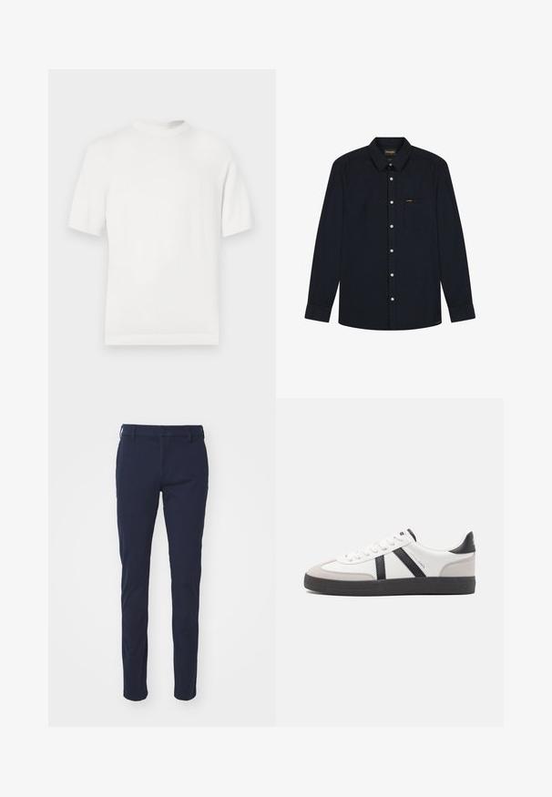T-shirt en tricot blanc à manches courtes avec un col rond, présentant une texture lisse et des accents côtelés au niveau du col et de l'ourlet.; Chemise noire à manches longues avec col, poche avant, boutons blancs, et logo Wrangler sur la poche ainsi que sur l'étiquette du col.; Pantalon bleu marine avec une texture lisse, design ajusté, passants de ceinture, fermeture à bouton et poches avant. Sans motifs ni accents visibles.; Baskets blanches avec des accents noirs et gris, présentant un embout texturé gris, une semelle en caoutchouc noir et des lacets plats blancs. Design épuré, style minimaliste.