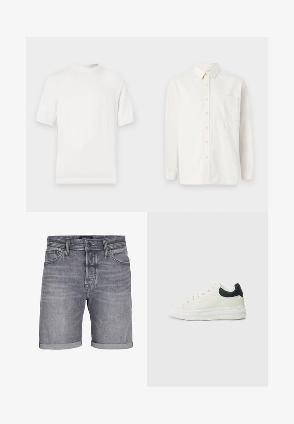 Witte korte mouwen gebreide t-shirt met een ronde halslijn, met een gladde textuur en ribbelaccenten op de kraag en de zoom.; Witte lange mouw shirt gemaakt van een katoenmix, met een button-down kraag, gele knopen en een enkele borstzak. Klassieke pasvorm.; Grijze denim shorts met een licht versleten uiterlijk, voorzien van een omgeslagen zoom, vijf zakken en een knoopsluiting. Label: JACK & JONES.; Witte leren sneaker met een zwarte hielaccent, ronde neus, platte witte zool en vetersluiting. Minimale perforaties aan de zijkanten.