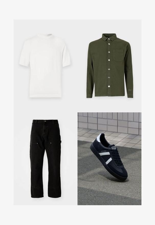 Weißes kurzärmliges Strick-T-Shirt mit rundem Halsausschnitt, das eine glatte Textur und Rippenelemente am Kragen und Saum aufweist.; Denim Project DPMDPSTITCH DETAIL DENIM SHIRT - Hemd - duffel bag green; Schwarze Denim Cargo-Hosen mit lockerer Passform, ausgestattet mit zwei Vordertaschen, Seitentaschen und sichtbaren Nähdetails.; Schwarze Leder-Sneaker mit weißen Streifen, strukturiertem Gummisohle und Schnürung. Verfügt über ein Markenetikett auf der Zunge.