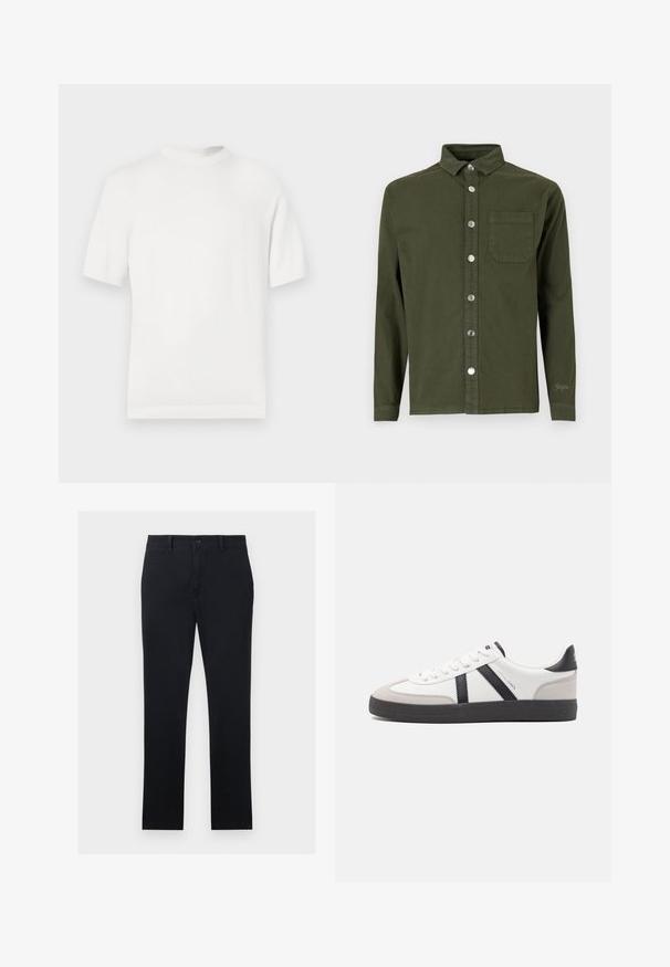 Camiseta de punto blanca de manga corta con cuello redondo, que presenta una textura suave y acentos de canalé en el cuello y el dobladillo.; Denim Project DPMDPSTITCH DETAIL DENIM SHIRT - Camisa - duffel bag green; Chinos negros fabricados en tela de algodón, con piernas rectas, cierre de botón frontal y dos bolsillos laterales. Textura suave, con un diseño minimalista.; Zapatilla blanca con acentos en negro y gris, que presenta una puntera texturizada en gris, suela de goma negra y cordones planos blancos. Diseño limpio, estilo minimalista.