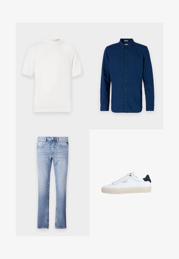 Camiseta de punto blanca de manga corta con cuello redondo, que presenta una textura suave y acentos de canalé en el cuello y el dobladillo.; Camisa azul oscuro de manga larga con botones, cuello abotonado y un logo bordado sutil en el pecho izquierdo.; Jeans de mezclilla azul claro con un diseño de pierna recta, cinco bolsillos y detalles de costura visibles. Textura suave y ajuste clásico.; Zapatilla deportiva blanca de corte bajo con suela beige, cordones blancos, lengüeta trasera negra y logotipo "Pepe Jeans London" en el lateral.