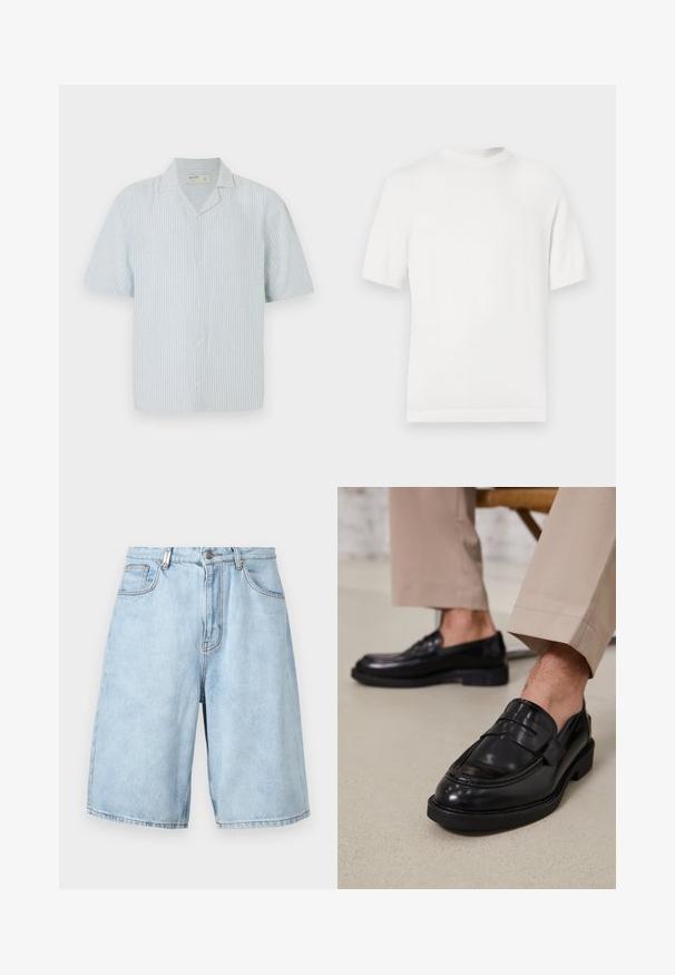 Camiseta de punto blanca de manga corta con cuello redondo, que presenta una textura suave y acentos de canalé en el cuello y el dobladillo.; Camisa de botones de manga corta en rayas azul claras y blancas. Presenta un cuello clásico y un corte relajado en una tela ligera.; Pantalones cortos de mezclilla azul claro con un ajuste relajado, que cuentan con dos bolsillos frontales, cierre de cremallera y acentos de costura visibles.; Mocasines de cuero negro con un acabado suave, que cuentan con una correa decorativa y costuras en contraste, combinados con pantalones beiges.