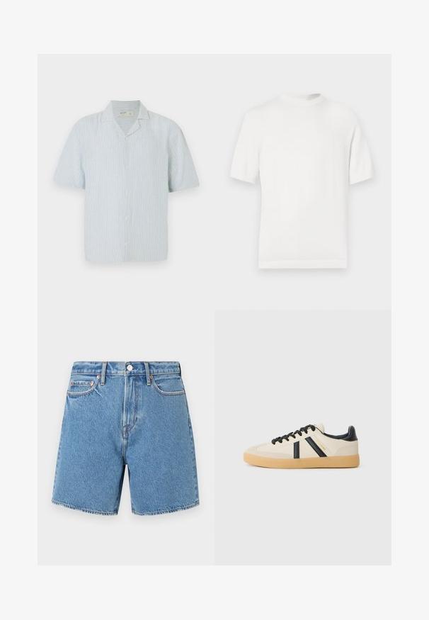 Weißes kurzärmliges Strick-T-Shirt mit rundem Halsausschnitt, das eine glatte Textur und Rippenelemente am Kragen und Saum aufweist.; Kurzärmliges Hemd mit Knopfleiste in hellblau-weißen Streifen. Verfügt über einen klassischen Kragen und einen lockeren Schnitt aus leichtem Stoff.; Jeansshorts in hellblau. Durchgehender Stoff mit fünf Taschen, einem Knopfverschluss und dezenten Nähten entlang der Nähte und Taschen.; Legere Sneaker in Creme mit schwarzen Streifen, mit einer strukturierten Oberseite und einer Sohle aus Gummi. Die Schnürsenkel sind schwarz. Diskretes Logo an der Seite.