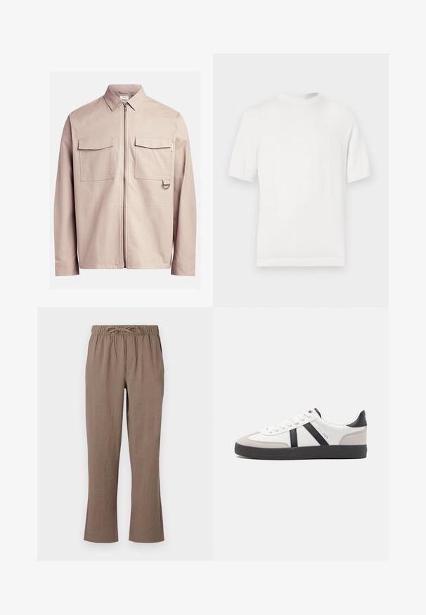 Camiseta de punto blanca de manga corta con cuello redondo, que presenta una textura suave y acentos de canalé en el cuello y el dobladillo.; Chaqueta beige clara con cremallera frontal, dos bolsillos en el pecho y un detalle en forma de anillo en el lateral. Fabricada con una tela suave y un diseño estructurado.; Pantalones de algodón marrón con cintura ajustable, diseño de pierna ancha y ligera campana en los tobillos; textura suave y sin patrones prominentes.; Zapatilla blanca con acentos en negro y gris, que presenta una puntera texturizada en gris, suela de goma negra y cordones planos blancos. Diseño limpio, estilo minimalista.