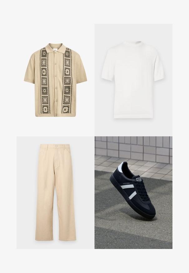 Camiseta de punto blanca de manga corta con cuello redondo, que presenta una textura suave y acentos de canalé en el cuello y el dobladillo.; Camisa beige de manga corta con cierre de botón, que presenta patrones geométricos decorativos en verde y negro en la parte delantera y detalles de punto texturizado.; Pantalones de mezcla de denim beige de pierna ancha con un acabado texturizado, que cuentan con un cierre frontal de botones y un diseño clásico de cinco bolsillos.; Zapatilla de cuero negra con rayas blancas, suela de goma texturizada y parte frontal con cordones. Cuenta con una etiqueta de marca en la lengüeta.