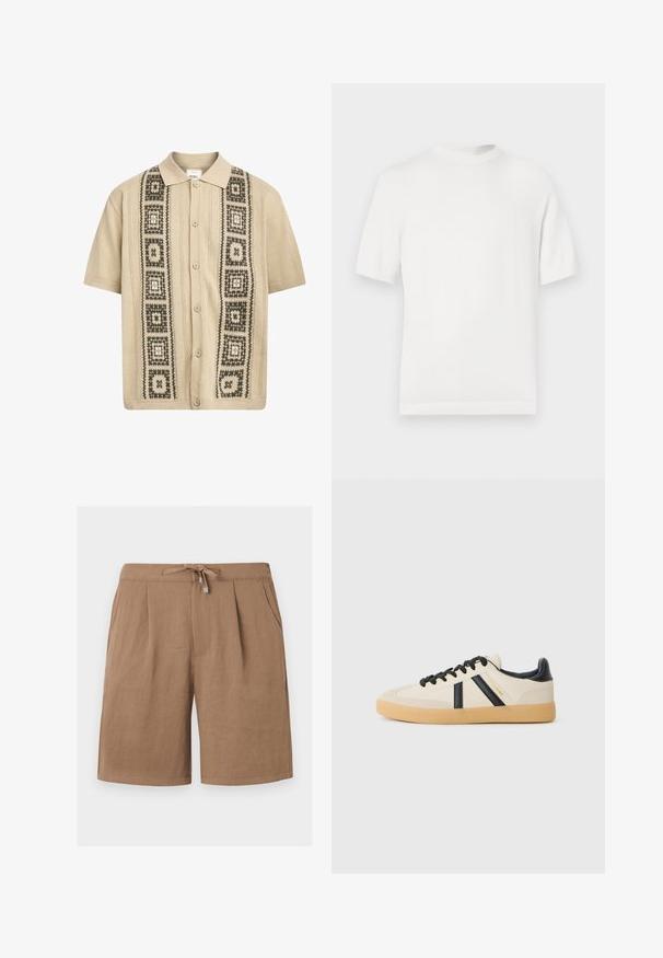 Camiseta de punto blanca de manga corta con cuello redondo, que presenta una textura suave y acentos de canalé en el cuello y el dobladillo.; Camisa beige de manga corta con cierre de botón, que presenta patrones geométricos decorativos en verde y negro en la parte delantera y detalles de punto texturizado.; Pantalones cortos casuales para hombre de color marrón claro con cintura ajustable y bolsillos laterales, hechos de tela ligera, mostrados sobre un fondo liso.; Zapatillas casuales en crema con rayas negras, con parte superior texturizada y suela de goma. Los cordones son negros. Logo sutil en el costado.