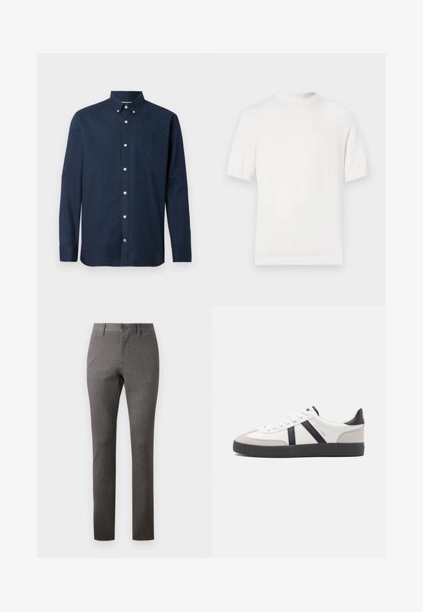 Camiseta de punto blanca de manga corta con cuello redondo, que presenta una textura suave y acentos de canalé en el cuello y el dobladillo.; Camisa de manga larga de color azul marino hecha de una tela ligera, con cuello de camisa, bolsillo frontal y botones blancos. Textura suave.; Pantalones grises con una tela texturizada, corte recto, bolsillos delanteros y cierre de botón único en la cintura.; Zapatilla blanca con acentos en negro y gris, que presenta una puntera texturizada en gris, suela de goma negra y cordones planos blancos. Diseño limpio, estilo minimalista.