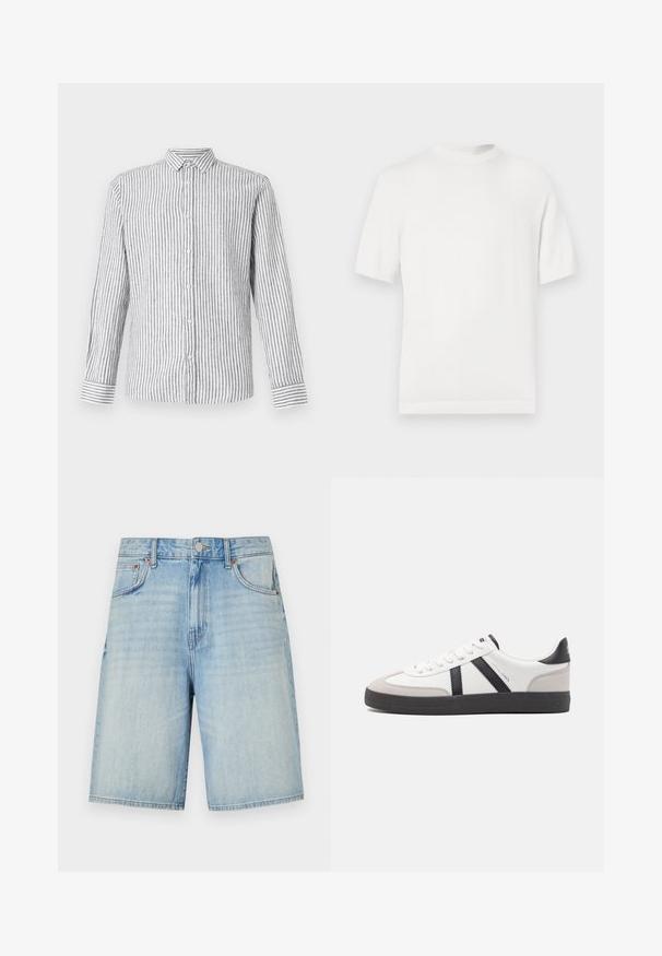 T-shirt en tricot blanc à manches courtes avec un col rond, présentant une texture lisse et des accents côtelés au niveau du col et de l'ourlet.; Chemise à manches longues à boutons de couleur gris clair avec des rayures verticales blanches. Dotée d'un col classique et de poignets avec un motif rayé.; Shorts en denim bleu clair avec une coupe droite, dotés d'une fermeture à bouton et à fermeture éclair, de cinq poches et d'une finition légèrement délavée.; Baskets blanches avec des accents noirs et gris, présentant un embout texturé gris, une semelle en caoutchouc noir et des lacets plats blancs. Design épuré, style minimaliste.