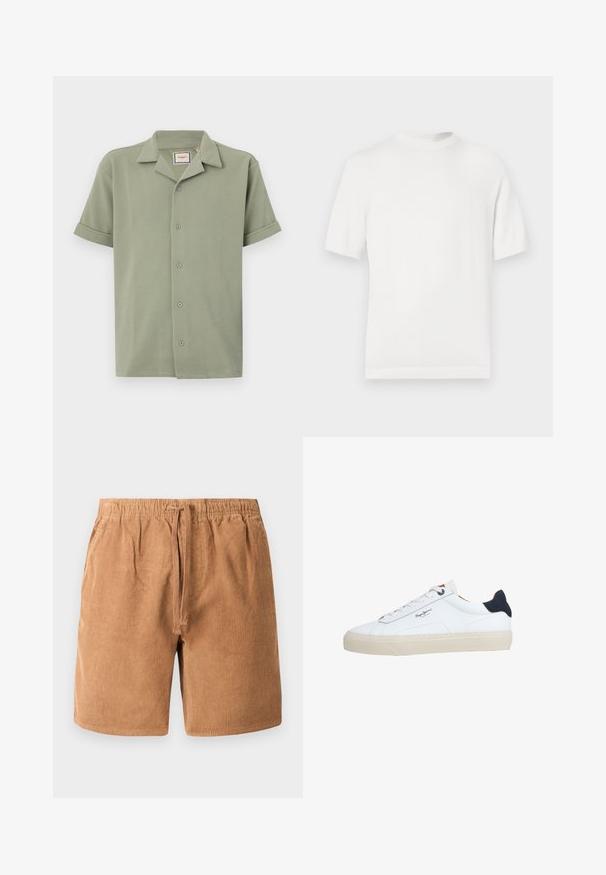 T-shirt en tricot blanc à manches courtes avec un col rond, présentant une texture lisse et des accents côtelés au niveau du col et de l'ourlet.; Chemise à manches courtes de couleur vert clair, en tissu texturé, avec un col en V et une fermeture à six boutons sur le devant. Les manches retroussées offrent une coupe décontractée.; Shorts en velours côtelé marron avec une taille élastique et un cordon de serrage réglable, présentant une texture à côtes verticales et des poches latérales.; Baskets basses blanches avec semelle beige, lacets blancs, languette de talon noire et logo "Pepe Jeans London" sur le côté.