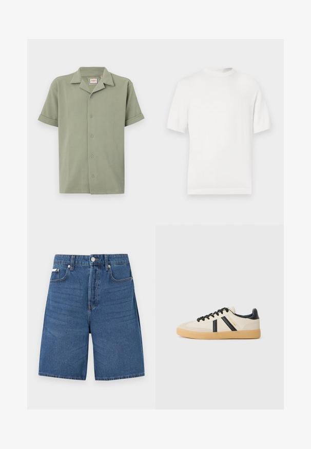 Camiseta de punto blanca de manga corta con cuello redondo, que presenta una textura suave y acentos de canalé en el cuello y el dobladillo.; Camisa de manga corta en verde claro, hecha de tela texturizada con cuello de pico y cierre frontal de seis botones. Las mangas enrolladas ofrecen un ajuste relajado.; Pantalones cortos vaqueros azul claro con cremallera frontal, cierre de botón, trabillas para cinturón y cinco bolsillos, mostrados sobre un fondo blanco liso.; Zapatillas casuales en crema con rayas negras, con parte superior texturizada y suela de goma. Los cordones son negros. Logo sutil en el costado.