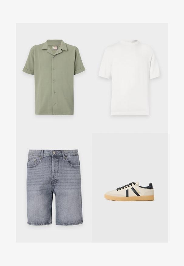 Camiseta de punto blanca de manga corta con cuello redondo, que presenta una textura suave y acentos de canalé en el cuello y el dobladillo.; Camisa de manga corta en verde claro, hecha de tela texturizada con cuello de pico y cierre frontal de seis botones. Las mangas enrolladas ofrecen un ajuste relajado.; Shorts de mezclilla en gris claro con un corte clásico, que cuentan con cinco bolsillos, cierre de botón y una textura ligeramente desgastada.; Zapatillas casuales en crema con rayas negras, con parte superior texturizada y suela de goma. Los cordones son negros. Logo sutil en el costado.