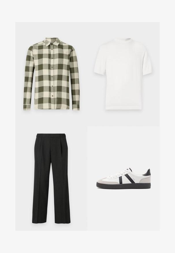 Witte korte mouwen gebreide t-shirt met een ronde halslijn, met een gladde textuur en ribbelaccenten op de kraag en de zoom.; Lange mouwen shirt in een groen en crème checkpatroon, gemaakt van lichte stof, met een button-down kraag en knopen aan de voorkant.; Zwarte wijde broek met een elastische tailleband, geplooide voorkant en een gladde textuur. Geen zichtbare patronen of hardware-details.; Witte sneaker met zwarte en grijze accenten, voorzien van een grijze neus met textuur, zwarte rubberen zool en platte witte veters. Schoon ontwerp, minimalistische stijl.
