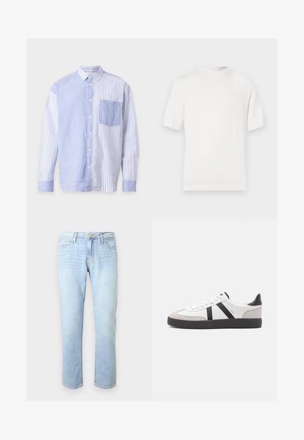 T-shirt en tricot blanc à manches courtes avec un col rond, présentant une texture lisse et des accents côtelés au niveau du col et de l'ourlet.; Chemise bleu et blanc à manches longues boutonnée avec rayures verticales, directions des rayures contrastées de chaque côté et une poche poitrine devant.; Jean en denim bleu clair avec une coupe décontractée, cinq poches, une fermeture à boutons et un léger effet délavé sur tout le tissu.; Baskets blanches avec des accents noirs et gris, présentant un embout texturé gris, une semelle en caoutchouc noir et des lacets plats blancs. Design épuré, style minimaliste.