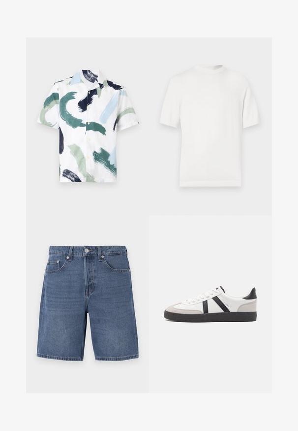 T-shirt en tricot blanc à manches courtes avec un col rond, présentant une texture lisse et des accents côtelés au niveau du col et de l'ourlet.; Chemise à manches courtes boutonnée avec des motifs abstraits de coups de pinceau en vert, bleu, noir et blanc sur fond blanc.; Shorts en denim de teinte bleu moyen, avec une fermeture éclair, cinq poches et des coutures visibles le long des seams. Conception classique à coupe droite.; Baskets blanches avec des accents noirs et gris, présentant un embout texturé gris, une semelle en caoutchouc noir et des lacets plats blancs. Design épuré, style minimaliste.