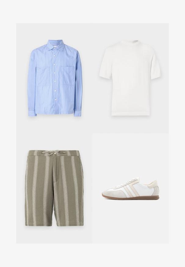 Witte korte mouwen gebreide t-shirt met een ronde halslijn, met een gladde textuur en ribbelaccenten op de kraag en de zoom.; Lichtblauw gestreept shirt met lange mouwen, twee voorkruiden, knoopsluiting, en contrasterende dunne strepen. Gemaakt van een katoenmix.; Groene shorts van textuurstof, met verticale witte strepen, een verstelbare trekkoord tailleband en schuine zijzakken.; Laag uitgesneden witte en beige sneaker met suèdelook accenten, veterluiting en bruine rubberen zool, zijaanzicht op een effen achtergrond.