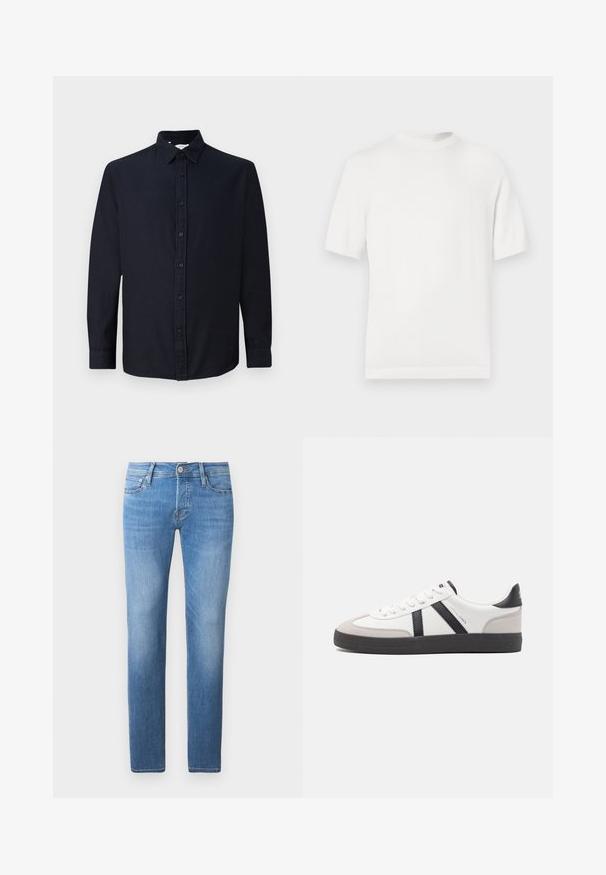 Witte korte mouwen gebreide t-shirt met een ronde halslijn, met een gladde textuur en ribbelaccenten op de kraag en de zoom.; Donker marineblauwe long-sleeve overhemd met knopen en kraag, plat weergegeven tegen een effen lichte achtergrond.; Lichtblauwe denim jeans met een rechte pijp, voorzien van een knoop- en ritsluiting, vijf zakken en subtiele vervaging.; Witte sneaker met zwarte en grijze accenten, voorzien van een grijze neus met textuur, zwarte rubberen zool en platte witte veters. Schoon ontwerp, minimalistische stijl.