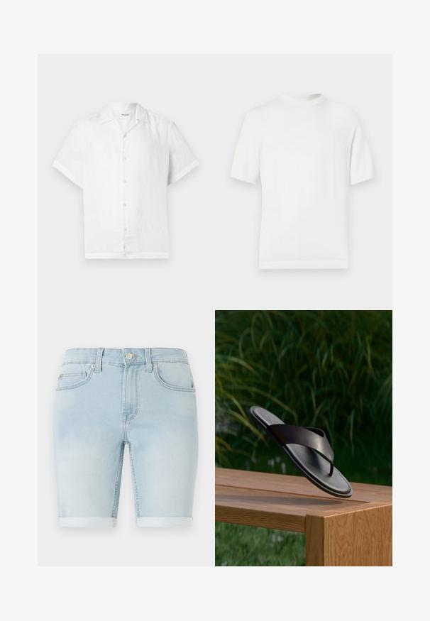 Hvid kortærmet strik t-shirt med rund halsudskæring, der har en glat overflade og ribbede detaljer ved kraven og kanten.; Kortærmet hvid skjorte i linned med krave og fem lyse knapper foran; glat tekstur og afslappet pasform.; Lysblå denimshorts med opretstående kant, klassisk fem-lomme design og frontknaplukning. Glat tekstur med let slid.; Sort læderthongsandal flyder over en træbænk med grønt løv i den slørede baggrund.