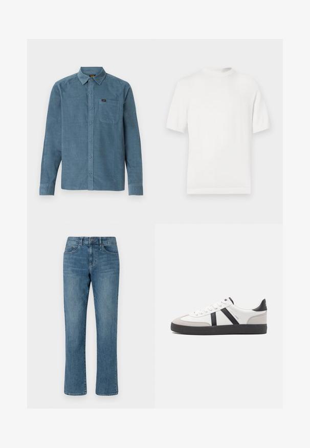 Witte korte mouwen gebreide t-shirt met een ronde halslijn, met een gladde textuur en ribbelaccenten op de kraag en de zoom.; Langarmshirt van blauwe corduroy, met een button-down kraag, een frontzak en subtiele branding op de zak.; Lichtblauwe denim jeans met een rechte pijpdesign, een standaard tailleband en zichtbare stiksels. Beschikt over vijf zakken en een ritssluiting.; Witte sneaker met zwarte en grijze accenten, voorzien van een grijze neus met textuur, zwarte rubberen zool en platte witte veters. Schoon ontwerp, minimalistische stijl.