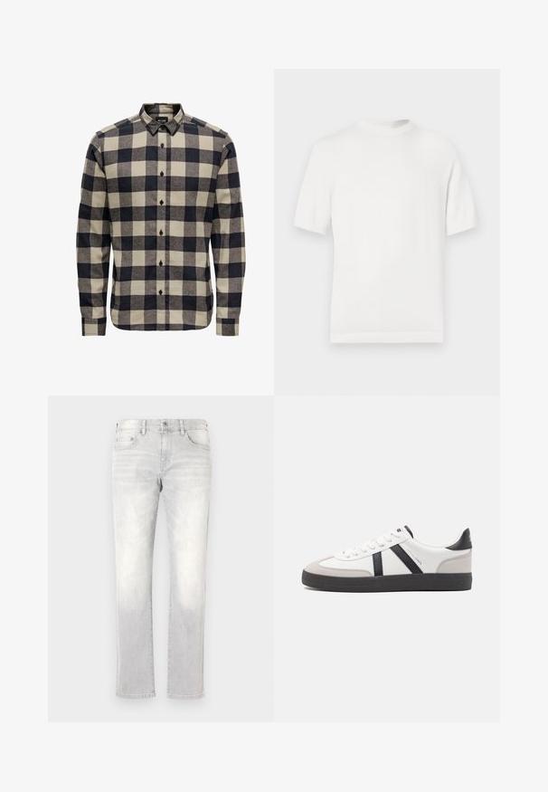 Hvid kortærmet strik t-shirt med rund halsudskæring, der har en glat overflade og ribbede detaljer ved kraven og kanten.; Herres flannelskjorte i sort og creme, med et klassisk ternet mønster, knap-for-krave og lange ærmer med knapmanchetter.; Lys grå denim jeans med lige ben, subtile falmninger, forlommer og en enkelt baglomme. Klassisk knap- og lynlås-lukning.; Hvide sneakers med sorte og grå detaljer, med en tekstureret grå tåhætte, sort gummisål og flade hvide snørebånd. Rent design, minimalistisk stil.