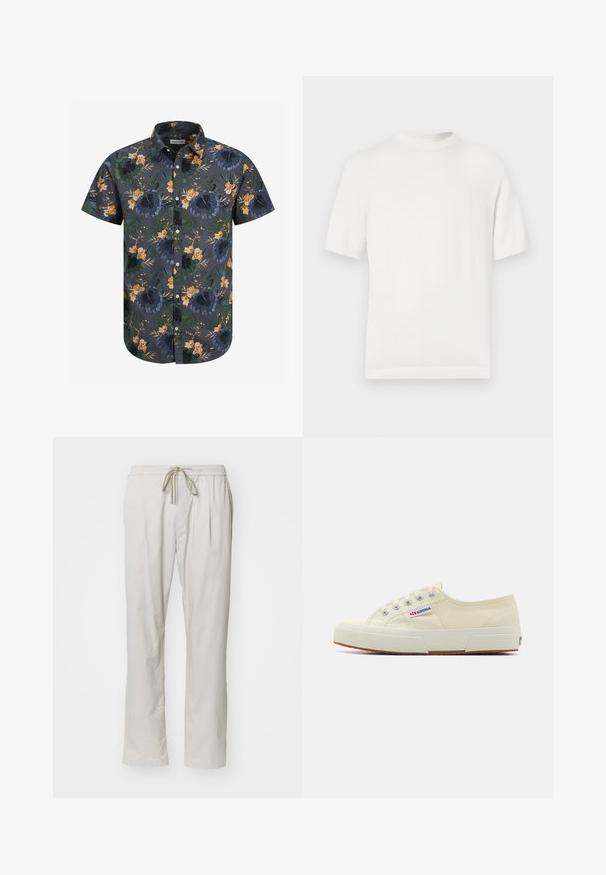 Weißes kurzärmliges Strick-T-Shirt mit rundem Halsausschnitt, das eine glatte Textur und Rippenelemente am Kragen und Saum aufweist.; Kurzarmhemd aus dunkelgrauem Stoff mit einem tropischen Blumenmuster in grünen, orangen und gelben Farbtönen. Durchgehender Knopfverschluss mit Kragen.; Helle beigefarbene, leichte Hose mit elastischem Bund und Kordelzug. Verfügt über zwei Seitentaschen und ein gerades Bein-Design.; Beige Leinen-Sneaker mit niedrigem Profil, Metallösen und Gummisohle. Mit einem strukturierten Muster und einem Logodetail an der Seite.