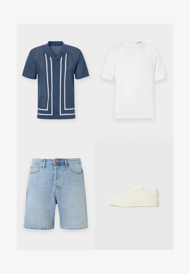 T-shirt en tricot blanc à manches courtes avec un col rond, présentant une texture lisse et des accents côtelés au niveau du col et de l'ourlet.; Chemise bleu marine à manches courtes avec boutons, en tissu mesh, rayures blanches verticales et horizontales, et col pointu.; Shorts en denim bleu clair avec poches avant, passants pour ceinture, bouton frontal et fermeture éclair, présentés sur un fond blanc.; Baskets blanches avec une tige à texture lisse, bout arrondi et laçage traditionnel, arborant un design minimaliste et une semelle en caoutchouc.