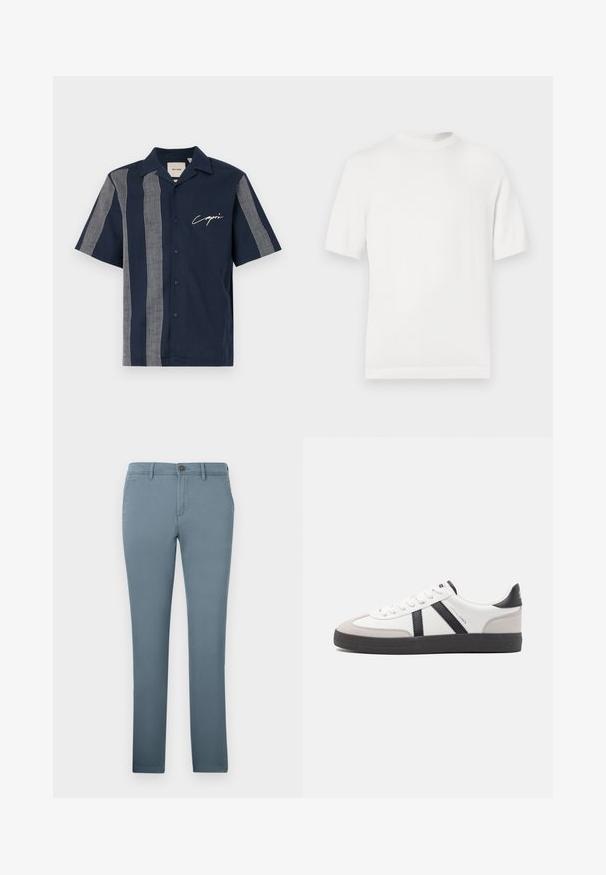 Hvid kortærmet strik t-shirt med rund halsudskæring, der har en glat overflade og ribbede detaljer ved kraven og kanten.; Kortærmet navy skjorte lavet af bomuld med hvide rute-mønstrede striber og "Capri" branding på brystet. Knappedesign.; Lyseblå chinos lavet af bomuldsblanding med slim fit, der har en knaplukning og sidelommer. Glat tekstur uden mønstre.; Hvide sneakers med sorte og grå detaljer, med en tekstureret grå tåhætte, sort gummisål og flade hvide snørebånd. Rent design, minimalistisk stil.