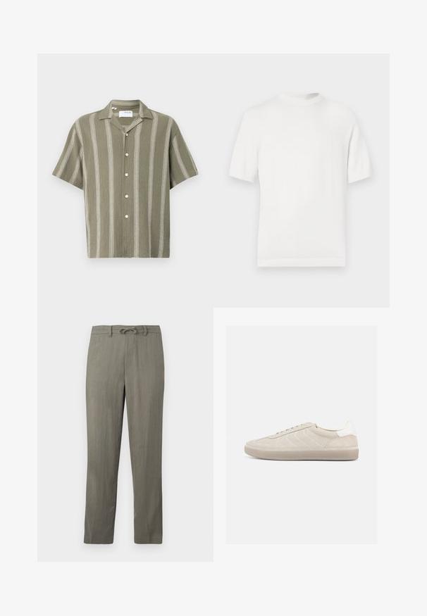 T-shirt en tricot blanc à manches courtes avec un col rond, présentant une texture lisse et des accents côtelés au niveau du col et de l'ourlet.; Chemise à manches courtes, couleur vert olive, avec des rayures blanches verticales et un devant à boutons. Fabriquée à partir d'un tissu texturé, avec un col.; Pantalons pour homme en lin mélangé léger gris clair avec une taille à cordon, jambes droites et texture subtile ; dotés de poches standard et sans motifs visibles.; Baskets en daim beige avec une tige texturée, un contrefort de talon blanc lisse, de fines lacets et une semelle extérieure en caoutchouc. Présente un design bas profil.