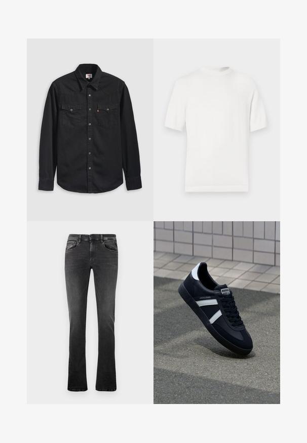 T-shirt en tricot blanc à manches courtes avec un col rond, présentant une texture lisse et des accents côtelés au niveau du col et de l'ourlet.; Chemise en denim noir avec col boutonné, deux poches poitrine et un col pointu avec des détails de couture visibles.; Jean en denim noir avec une coupe droite, cinq poches, des coutures contrastées et un léger effet de délavage à l'avant. Comprend une fermeture à bouton et à zip.; Sneaker en cuir noir avec des rayures blanches, semelle en caoutchouc texturée et devant à lacets. Présente une étiquette de marque sur la languette.