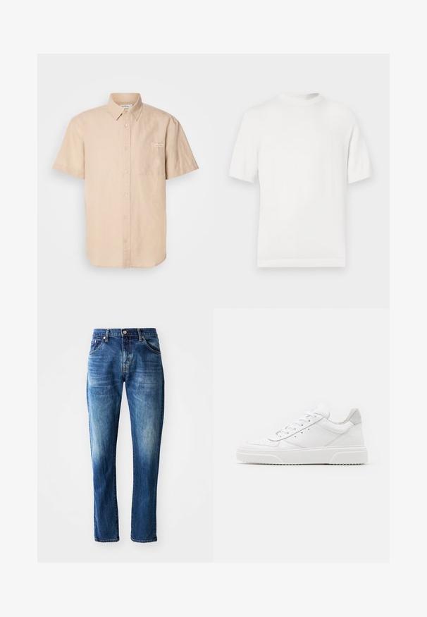 Weißes kurzärmliges Strick-T-Shirt mit rundem Halsausschnitt, das eine glatte Textur und Rippenelemente am Kragen und Saum aufweist.; Beige Kurzarmhemd aus Baumwolle mit einer Vorderentasche und einem kleinen Logo-Patch auf der linken Seite.; Dunkelblaue Denim-Jeans mit geradem Bein, fünf Taschen, ausgefranster Optik und einem vorderen Knopfverschluss mit Reißverschluss.; Weiße Leder-Sneaker mit glatter Oberfläche, rundem Zehenbereich, flachen Schnürsenkeln und strukturiertem Schuhsohlen. Graues Wildleder-Detail an der Ferse.