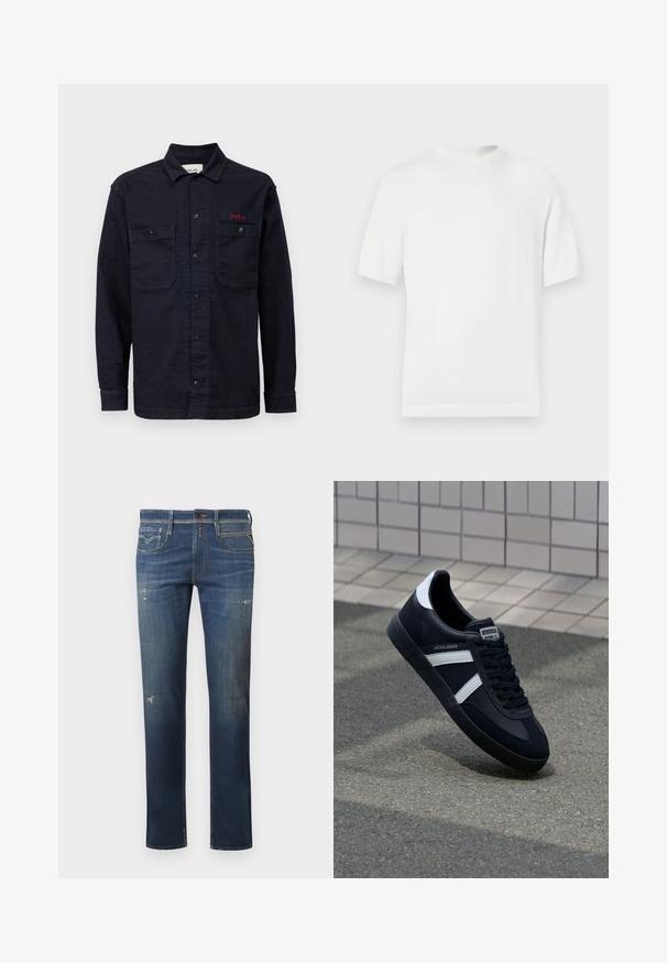 Hvid kortærmet strik t-shirt med rund halsudskæring, der har en glat overflade og ribbede detaljer ved kraven og kanten.; Mørkeblå denimskjorte med lange ærmer, knaplukning foran, to brystlommer og et lille rødt "REPLAY" logo på den venstre lomme.; Mørkeblå denim jeans med lige ben, med slidte områder, subtile falmninger og traditionelt fem-lommes design med knaplukning.; Sort lædersneaker med hvide striber, tekstureret gummisål og snørrebånd foran. Har et brandet mærke på tungen.