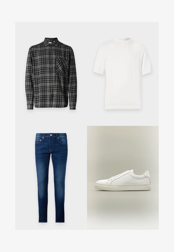 T-shirt en tricot blanc à manches courtes avec un col rond, présentant une texture lisse et des accents côtelés au niveau du col et de l'ourlet.; Only & Sons Lumberjack ONSARCHER Lumberjack - Chemise - black; Jean bleu foncé à coupe slim, fabriqué en denim. Comprend cinq poches, une fermeture à bouton et un léger dégradé le long des jambes.; Baskets blanches basses à lacets sur l’avant et semelle épaisse, vues de côté sur un fond neutre.