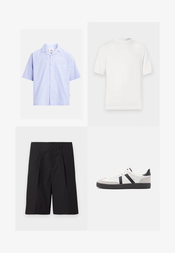 T-shirt en tricot blanc à manches courtes avec un col rond, présentant une texture lisse et des accents côtelés au niveau du col et de l'ourlet.; Chemise à manches courtes bleu clair avec des rayures verticales blanches, une poche poitrine et un texte blanc discret.; Shorts noirs ajustés en tissu léger, avec des plis, une fermeture à bouton et un ourlet droit. Texture lisse et sans motifs visibles.; Baskets blanches avec des accents noirs et gris, présentant un embout texturé gris, une semelle en caoutchouc noir et des lacets plats blancs. Design épuré, style minimaliste.