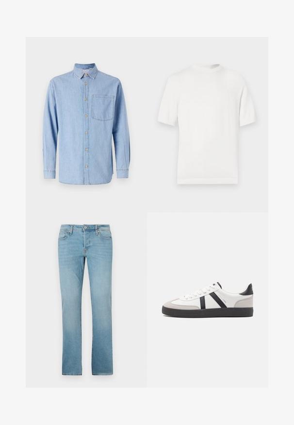Camiseta de punto blanca de manga corta con cuello redondo, que presenta una textura suave y acentos de canalé en el cuello y el dobladillo.; Camisa de mezclilla azul claro con cuello abotonado, mangas largas y un bolsillo en el pecho. Presenta acentos de botones marrones y costuras en contraste.; Jeans de color azul claro hechos de denim, con un diseño de pierna recta, cinco bolsillos, cierre de botón y un sutil desgaste para textura.; Zapatilla blanca con acentos en negro y gris, que presenta una puntera texturizada en gris, suela de goma negra y cordones planos blancos. Diseño limpio, estilo minimalista.