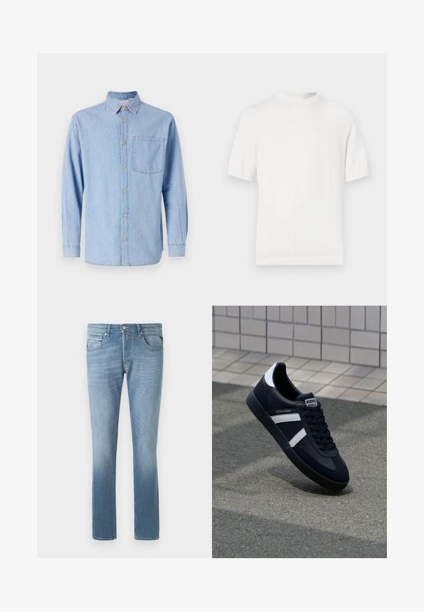 Camiseta de punto blanca de manga corta con cuello redondo, que presenta una textura suave y acentos de canalé en el cuello y el dobladillo.; Camisa de mezclilla azul claro con cuello abotonado, mangas largas y un bolsillo en el pecho. Presenta acentos de botones marrones y costuras en contraste.; Jeans de denim azul claro con corte recto, que cuentan con cinco bolsillos, un botón frontal y un ligero desvanecimiento cerca de las rodillas y los muslos.; Zapatilla de cuero negra con rayas blancas, suela de goma texturizada y parte frontal con cordones. Cuenta con una etiqueta de marca en la lengüeta.