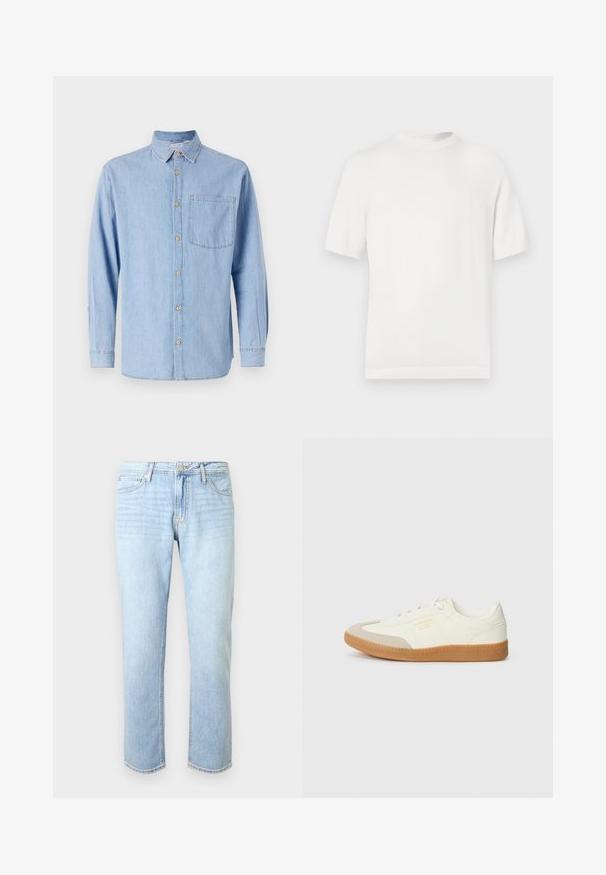 Camiseta de punto blanca de manga corta con cuello redondo, que presenta una textura suave y acentos de canalé en el cuello y el dobladillo.; Camisa de mezclilla azul claro con cuello abotonado, mangas largas y un bolsillo en el pecho. Presenta acentos de botones marrones y costuras en contraste.; Vaqueros de mezclilla azul claro con un corte relajado, cinco bolsillos, cierre de botón y un sutil desgaste en toda la tela.; Zapatilla de cuero blanca con puntera beige y suela de goma marrón claro. Presenta cordones planos blancos y una marca en relieve en el lateral.