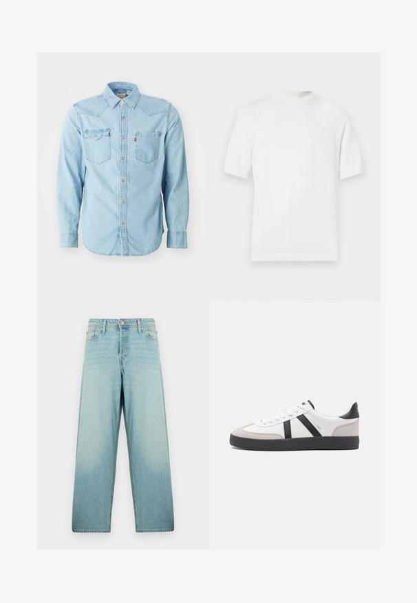 T-shirt en tricot blanc à manches courtes avec un col rond, présentant une texture lisse et des accents côtelés au niveau du col et de l'ourlet.; Chemise en denim bleu clair à manches longues avec un col pointu, deux poches poitrine, des boutons-pression argentés et des coutures contrastées. Texture lisse.; Jean large en denim bleu clair avec un effet délavé. Équipé d'une fermeture à bouton à l'avant et d'un design à cinq poches.; Baskets blanches avec des accents noirs et gris, présentant un embout texturé gris, une semelle en caoutchouc noir et des lacets plats blancs. Design épuré, style minimaliste.