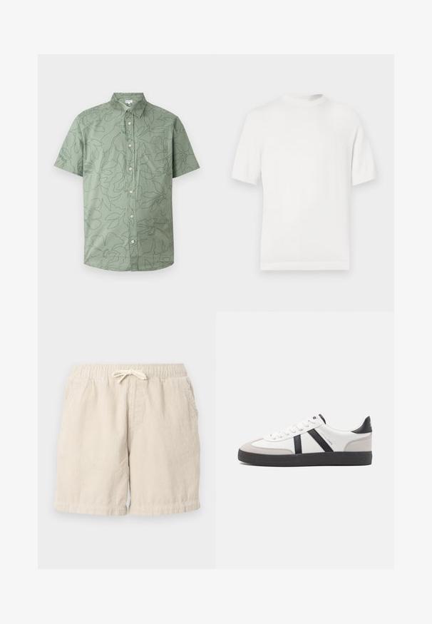 T-shirt en tricot blanc à manches courtes avec un col rond, présentant une texture lisse et des accents côtelés au niveau du col et de l'ourlet.; Chemise à manches courtes vert clair avec des contours floraux foncés subtils et une poche poitrine, affichée sur un fond uni.; Shorts en velours côtelé beige avec une taille élastique et un cordon de serrage, dotés de poches latérales et d'un motif texturé en côtes.; Baskets blanches avec des accents noirs et gris, présentant un embout texturé gris, une semelle en caoutchouc noir et des lacets plats blancs. Design épuré, style minimaliste.
