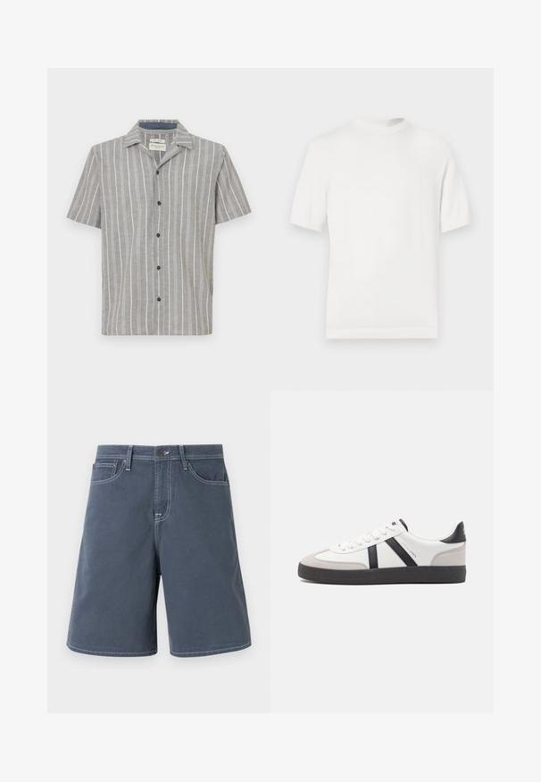 Camiseta de punto blanca de manga corta con cuello redondo, que presenta una textura suave y acentos de canalé en el cuello y el dobladillo.; Camisa de manga corta en gris claro con rayas verticales blancas. Presenta un frente abotonado y un cuello clásico. Está hecha de una tela ligera.; Pantalones cortos azul oscuro de algodón con costuras blancas, cinco bolsillos y un cierre de botón en la cintura. Diseño de pierna recta, con un detalle mínimo.; Zapatilla blanca con acentos en negro y gris, que presenta una puntera texturizada en gris, suela de goma negra y cordones planos blancos. Diseño limpio, estilo minimalista.