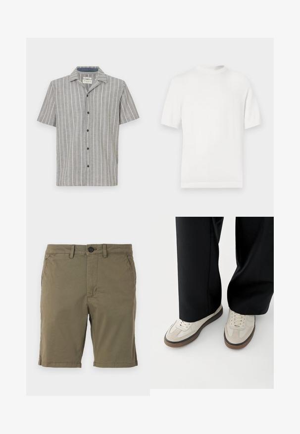 Camiseta de punto blanca de manga corta con cuello redondo, que presenta una textura suave y acentos de canalé en el cuello y el dobladillo.; Camisa de manga corta en gris claro con rayas verticales blancas. Presenta un frente abotonado y un cuello clásico. Está hecha de una tela ligera.; Pantalones cortos verde olivo confeccionados en tejido de mezcla de algodón, con cierre de botón, bolsillos frontales y un dobladillo inferior con sutiles detalles de costura.; Pies con zapatillas beige con suelas marrones y pantalones negros de pierna ancha sobre un fondo blanco.