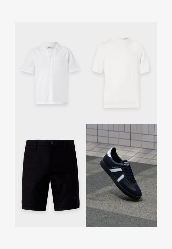 Camiseta de punto blanca de manga corta con cuello redondo, que presenta una textura suave y acentos de canalé en el cuello y el dobladillo.; Camisa blanca de botones de manga corta con un bolsillo, que presenta una tela texturizada y un diseño de cuello relajado.; Pantalones cortos negros con una textura suave, que cuentan con un cierre de botón, bolsillos tradicionales y puños enrollados. Fabricados con un material ligero.; Zapatilla de cuero negra con rayas blancas, suela de goma texturizada y parte frontal con cordones. Cuenta con una etiqueta de marca en la lengüeta.